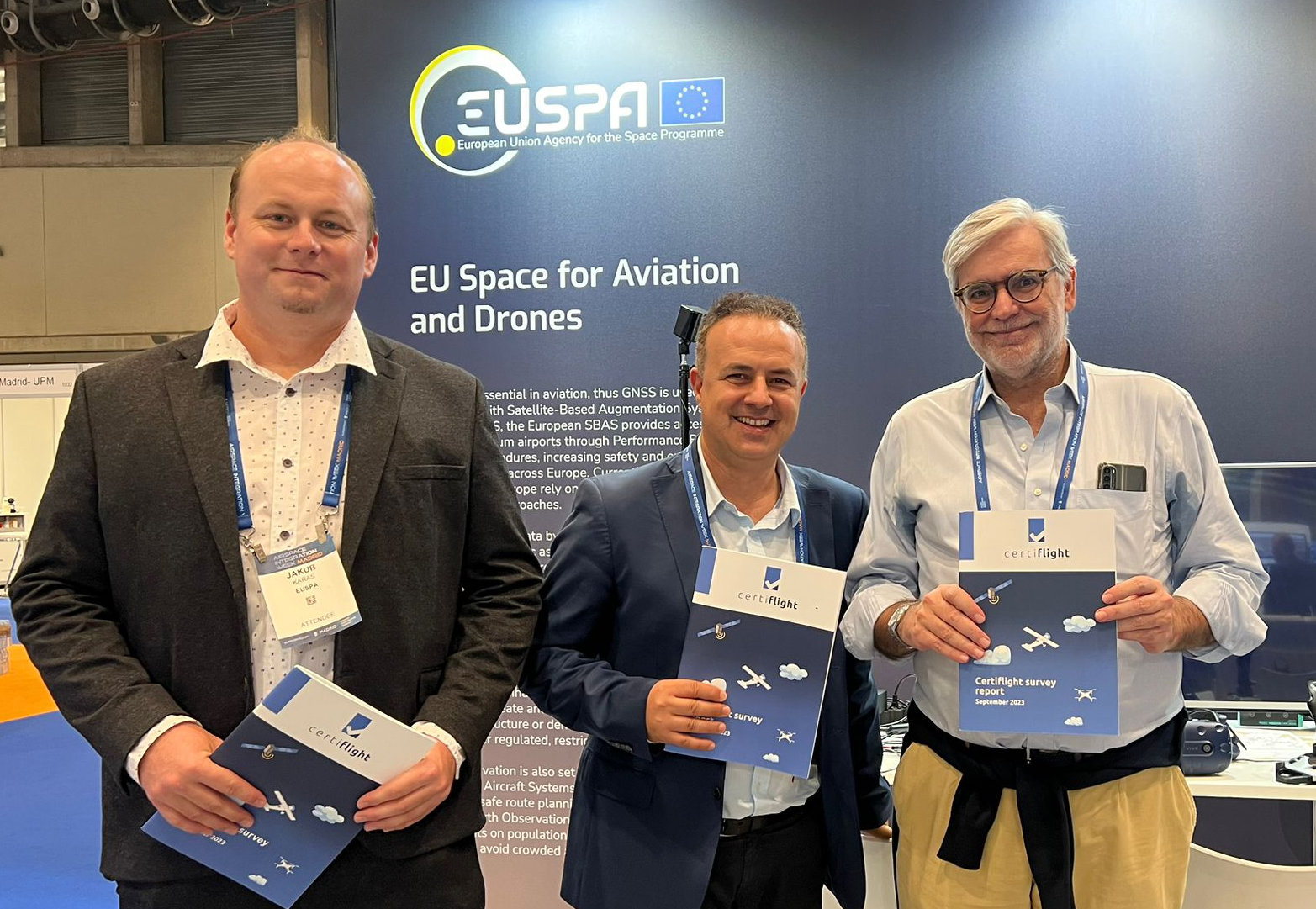 Partners of the Certiflight project in the EUSPA booth at the Airspace Integration Congress